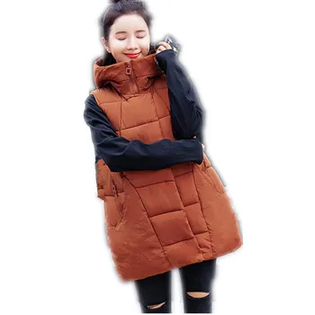 

High Quality Autumn Winter Women's Vest 2018Fashion Down Cotton Vest Female Hooded Medium-Long Loose Casual Warm WaistcoatCQ2531