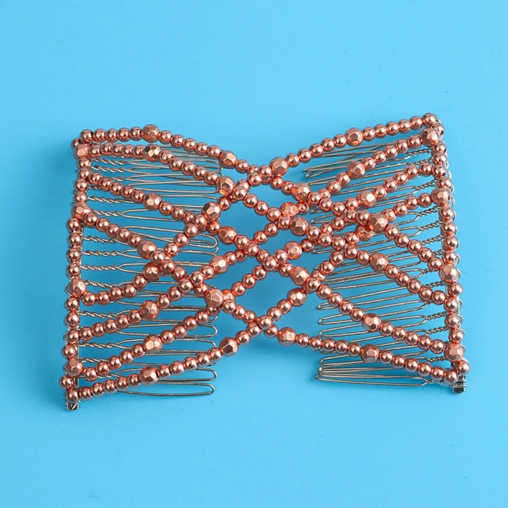 

Lovef Silver and Gold Fashion Magic Beaded Elasticity Double Hair Comb Clip Stretchy Women Hair Accessories EZ Hair Combs