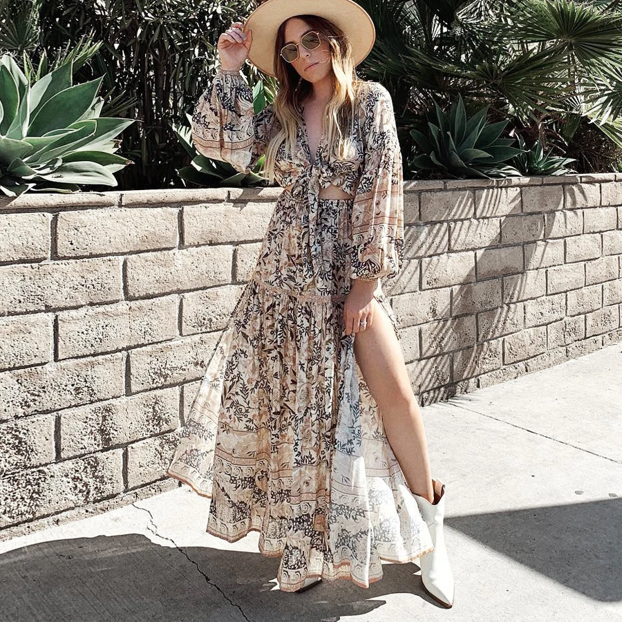 

TEELYNN boho dress for women rayon floral print dresses sexy v-neck long sleeve dress beach wear summer dresses maxi Vestido