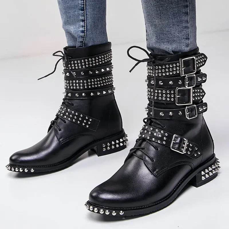 

Genuine Leather Studded Ankle Boots for Women Fashion punk Ladies Luxury Designer Winter Combat boots 2019 Motorcycle Flat Boots