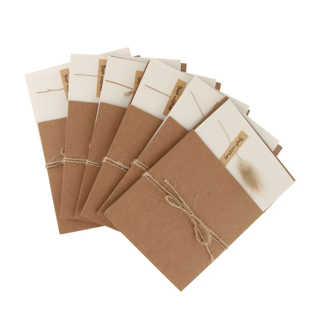 6pcs Rustic Dried Flower Kraft Paper Greeting Cards Handmade Crafts Blank Inside With Envelops