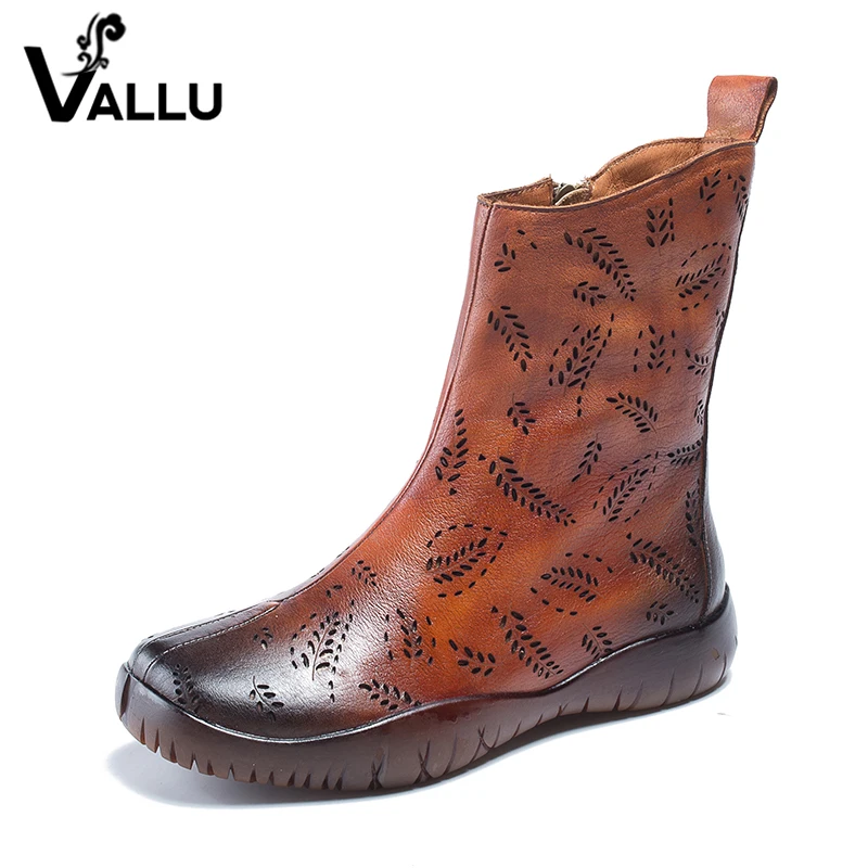 

2018 VALLU Autumn Women Boots Square Toes Genuine Leather Mid Calf Boots Handmade Vintage Ladies Flat Boots