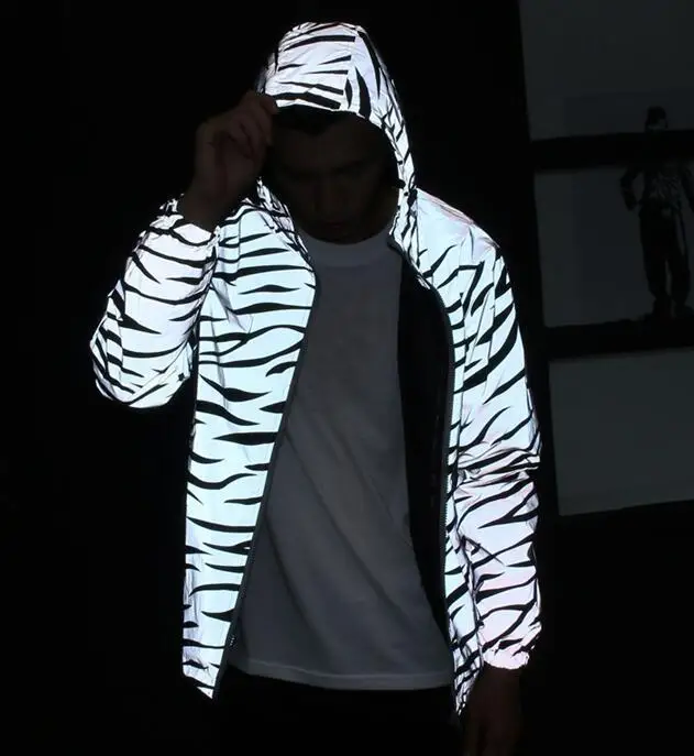 

zebra fluorescent clothing unisex jacket casual hiphop windbreaker 3m reflective jacket tide men coat hooded