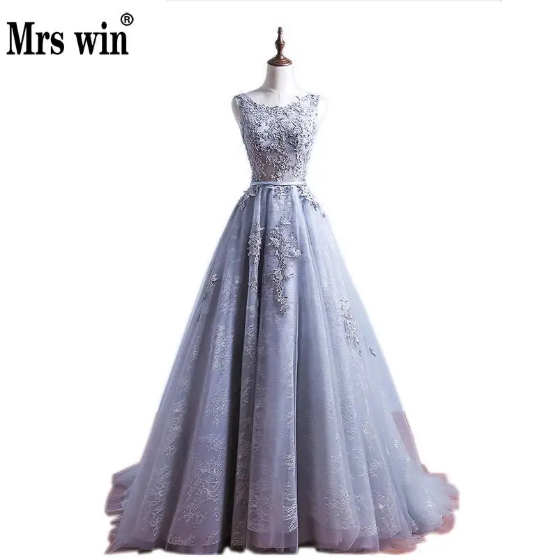 

Sexy A Line O Neck Appliques Grey Evening Dress Real Photos Long Floor Length Tulle Evening Gowns Party Prom Dress