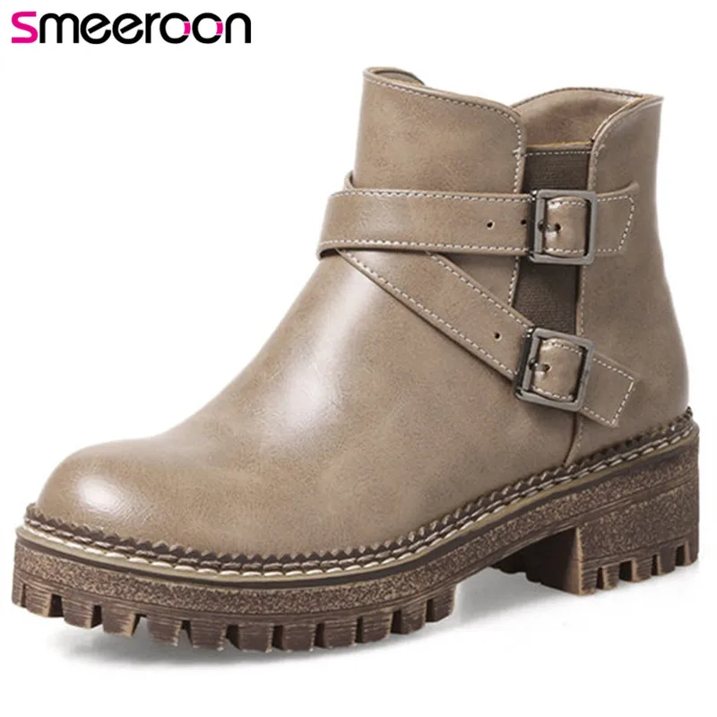 

Smeeroon popular autumn winter boots women boots round toe platform shoes med heels ankle high quality boots wholesale footwear