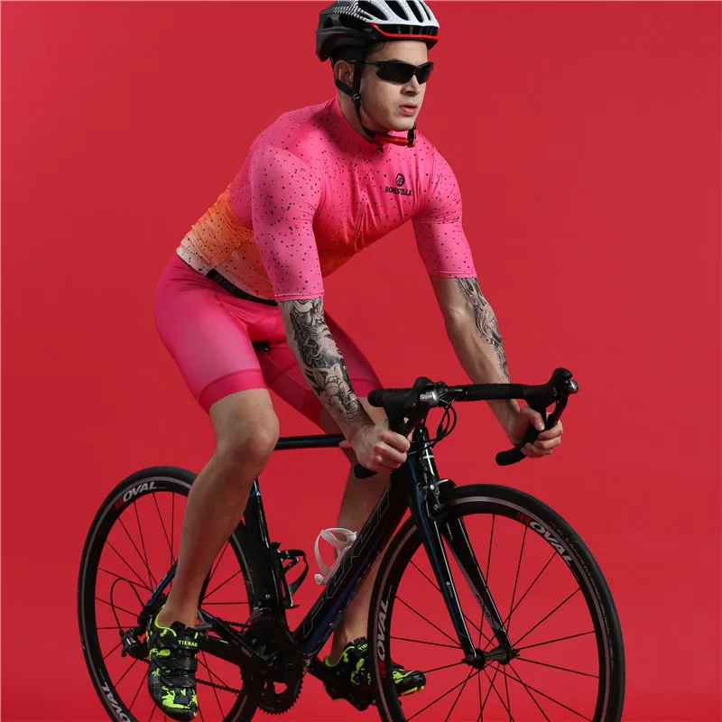 BOESTALK high quality Pants splicing MIT+gel pad cycling set Men short sleeve bicycle equipment triathlon perfect body suit