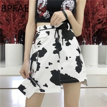 Новая женская винтажная Асимметричная мини-юбка в стиле Харадзюку с принтом молочной коровы и карманом в стиле панк с завышенной талией и веревочным поясом, черные асимметричные юбки
