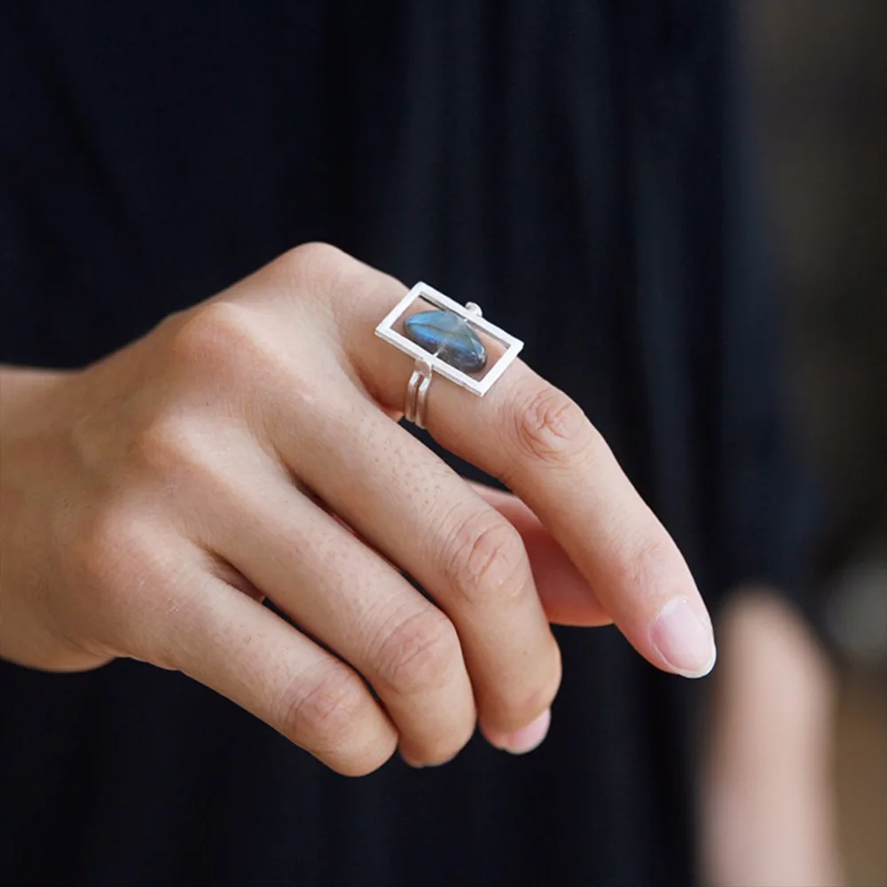 Lotus Fun Real 925 Sterling Silver Geometric Square Rings for Women Unique Labradorite Stone Fine Jewelry Rotatable Rings Size 6