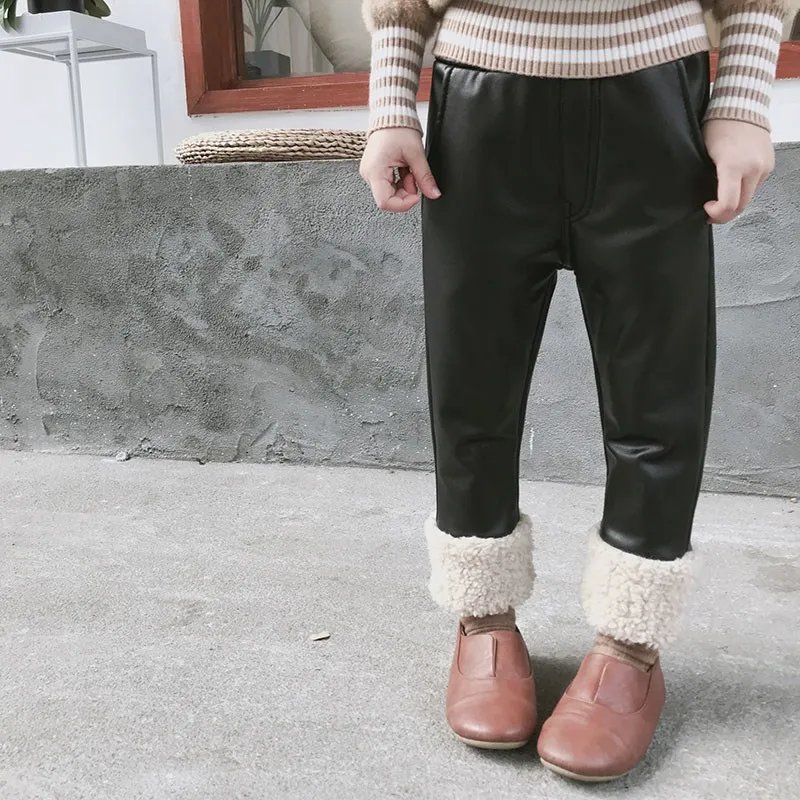 

Winter Toddler Girl Clothes Children Plus Vevet Black Pu Leather Pants Fashion Little Baby Boots Lamb Harem Pants 2-8Years