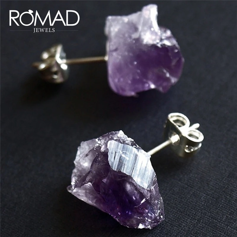 

ROMAD 1Pair Fashion Amethysts Clear Crystal Stud Earrings Quartz Natural Raw Stone Earrings Handmade For Women Jewelry R4