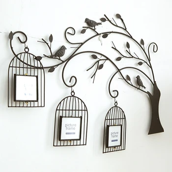 

Metal tree style handmade Retro iron tree birdcage creative living room wall mural wall photo frame combination