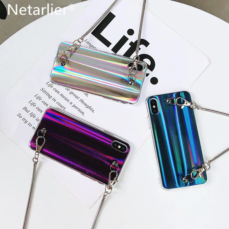 Netarlier Fashion Aurora Phone Case For iphone 6 6S 6Plus 7 8Plus IX XR Xs Max Laser TPU Soft Back Cover With Metal Chain |