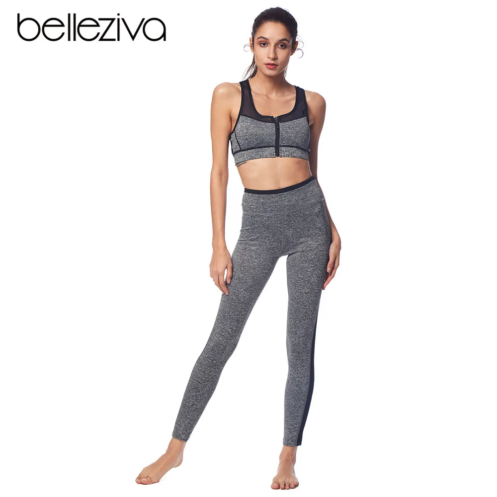 Belleziva Women Sports Bras Padded Zipper Bra Pants 2PCS Gym Yoga Set