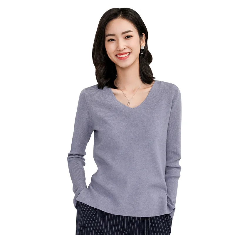 

Spring 2019 New Siping V-neck Women's Knitted Shirt Long-sleeved Pure-color Top Slim Short Knitted Bottom Shirt