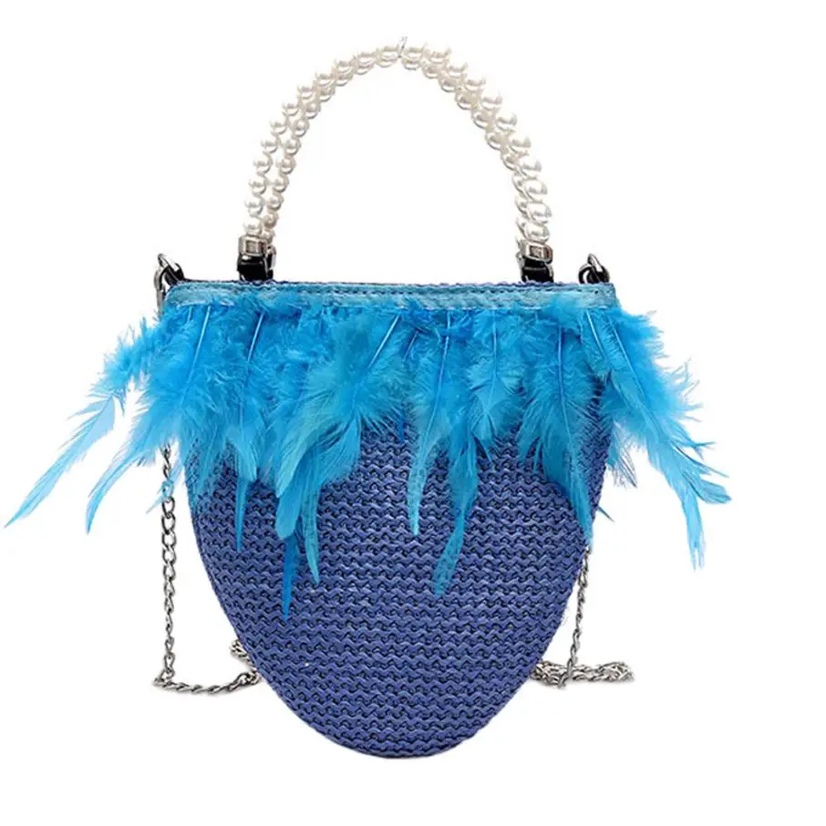 Fashion Women Weave Pearl Feather Bag Feathers Barrel shaped Hand Bag