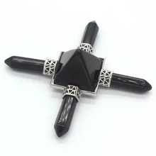 Trendy-beads Silver Plated Square Pyramid With 4 Hexagon Column Energy Transmitter Black Obsidian Pendant shiny eyeglass brass chain spectacle retainer electro plated with silver embedded with black acrylic beads
