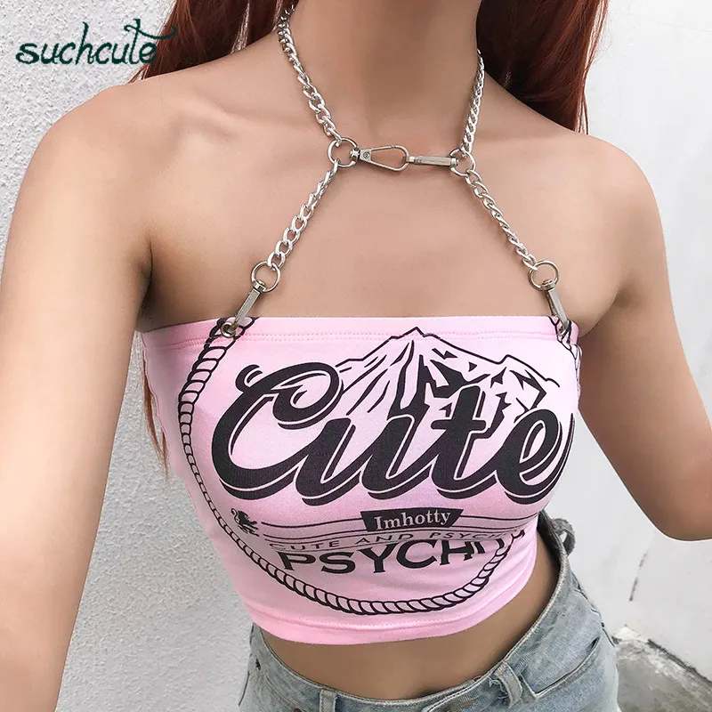 

SUCHCUTE Female T-Shirt With Print Metal Chain Halter Tops Modis Summer 2019 Gothic Harajuku Clothes Korean Style Women's Shirt