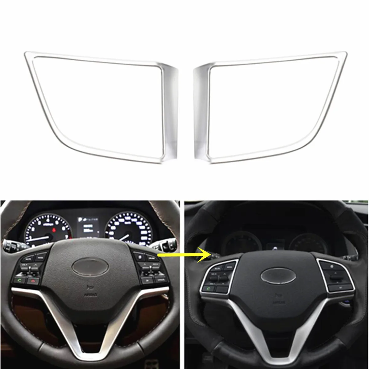

2Pcs Car Chrome Silver Steering Wheel Insert Trim Cover For HYUNDAI Tucson 2017 Interior Mouldings Steering Wheels Covers