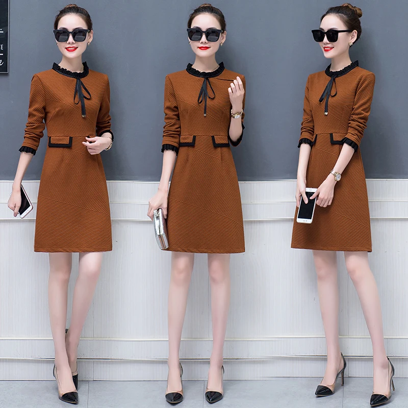 الخريف الشتاء الأساسية فساتين أزياء المرأة طويلة الأكمام لطيف الحلو العمل مكتب سيدة الفتيات شريط جيدة جودة القوس التعادل اللباس