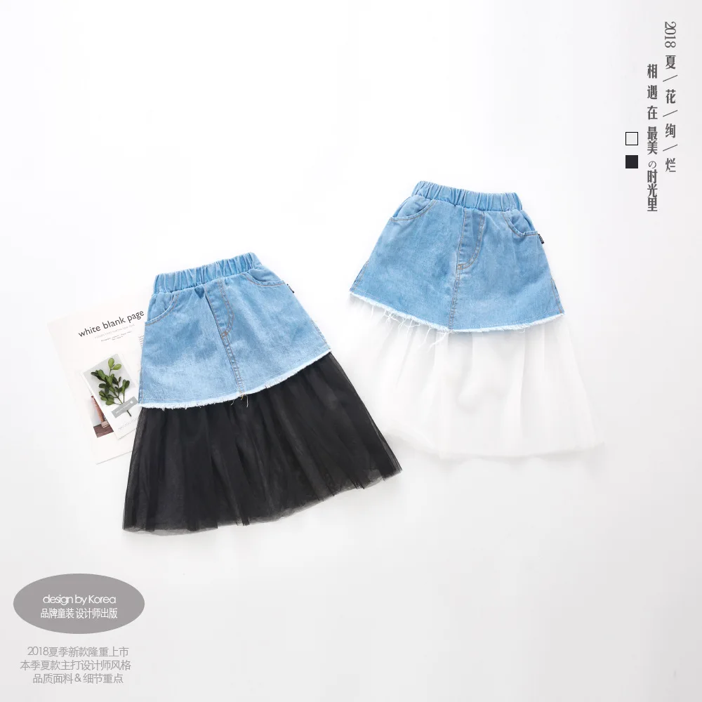 Baby Girls Soft Denim Skirts Girls Cotton Cowboy's Mesh Patchwork Fake Two Piece Skirt Kids