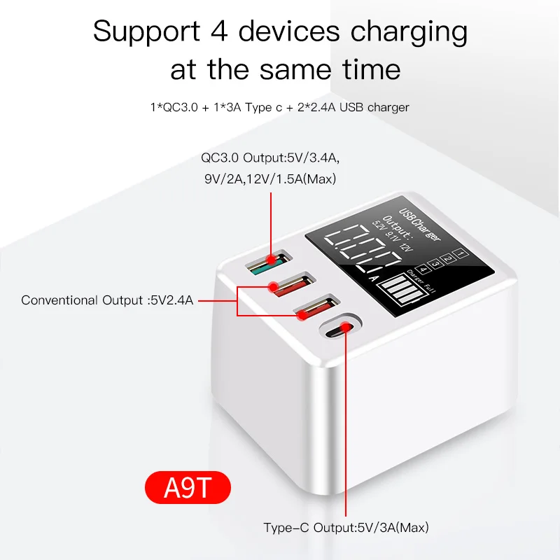 Usb type C зарядное устройство 30 Вт Быстрая зарядка QC4.0 QC3.0 портативное зарядное устройство светодиодный дисплей USB зарядное устройство для iPhone X samsung адаптер для путешествий