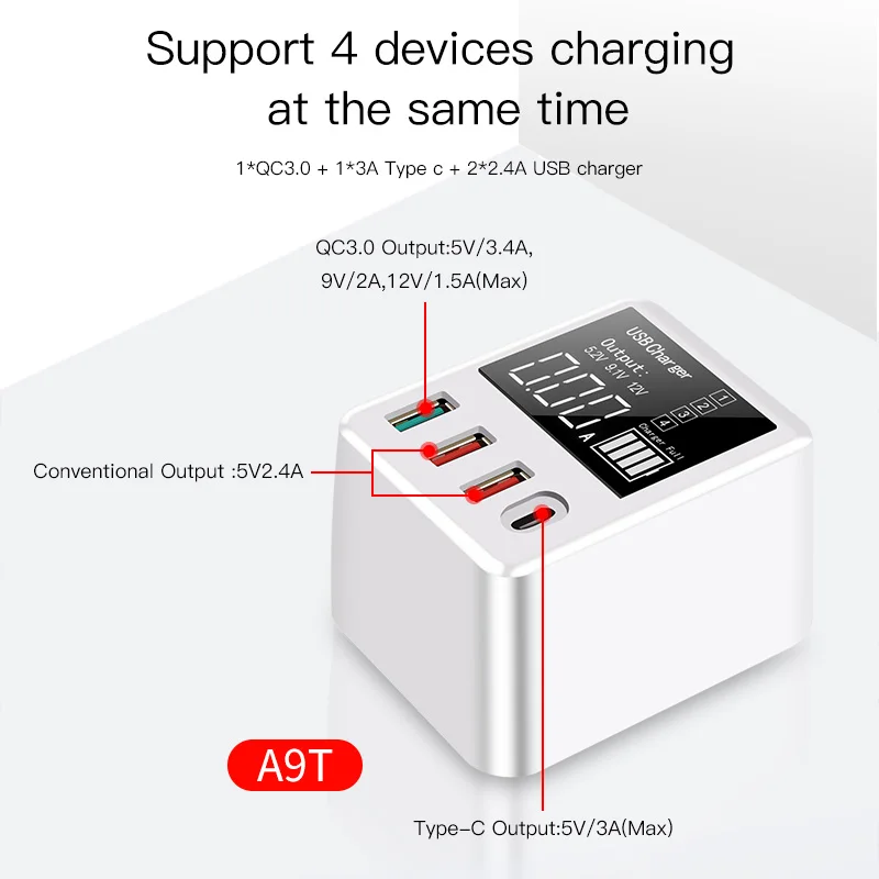 Дешево font b Usb b font type C зарядное устройство 30 Вт Быстрая зарядка QC4.0 QC3.0 портативное зарядное устройство светодиодный дисплей font b USB b font зарядное устройство для iPhone X...