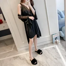 Роскошный женский шелковый халат и платье комплект Сексуальная кружевная бейка открытая спина ночное платье и платье до колена 2 шт. спальный костюм Пижама домашняя одежда