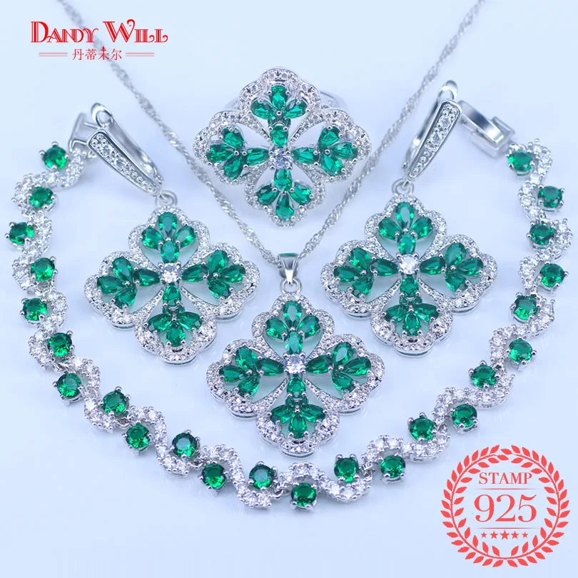 

Russian Green Cubic Zircnoia 925 Sterling Silver Bridal Jewelry Sets For Women Bracelet Earrings Necklace Pendant Rings Gift Box