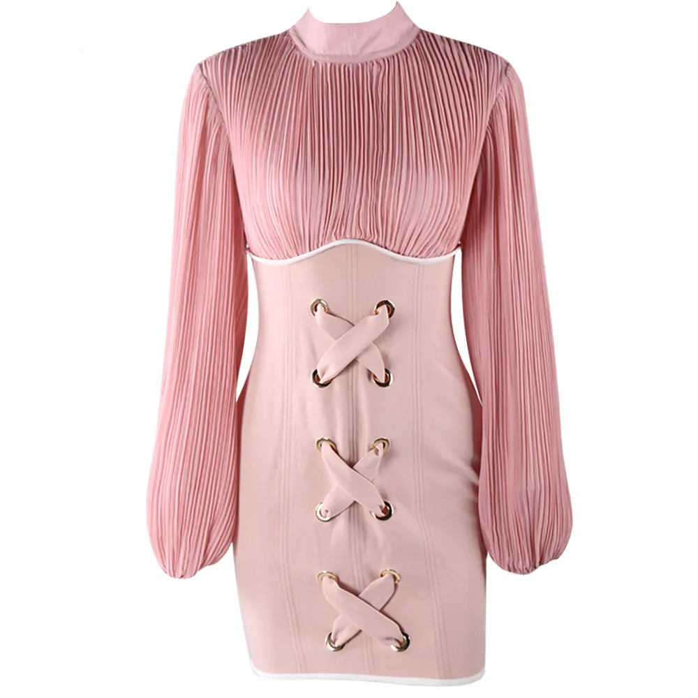 Women High Neck Long Sleeve Chiffon Patchwork Lace Up Bodycon Beach Dress - Цвет: VI547Pink