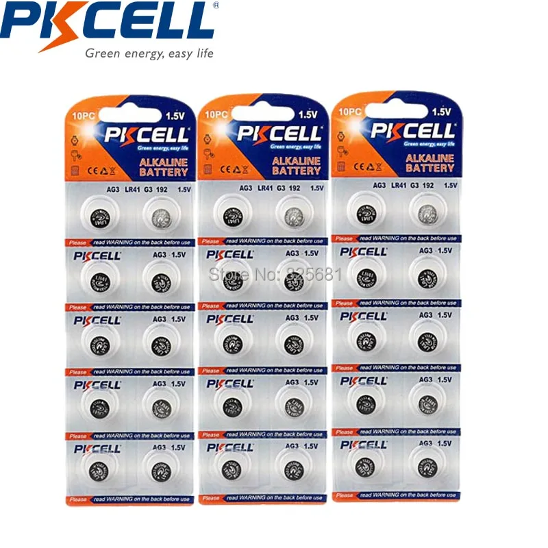 

3Card 30Pcs PKCELL AG3 LR41 192 Alkaline Button Coin Battery For Calculators Cameras Watches Games