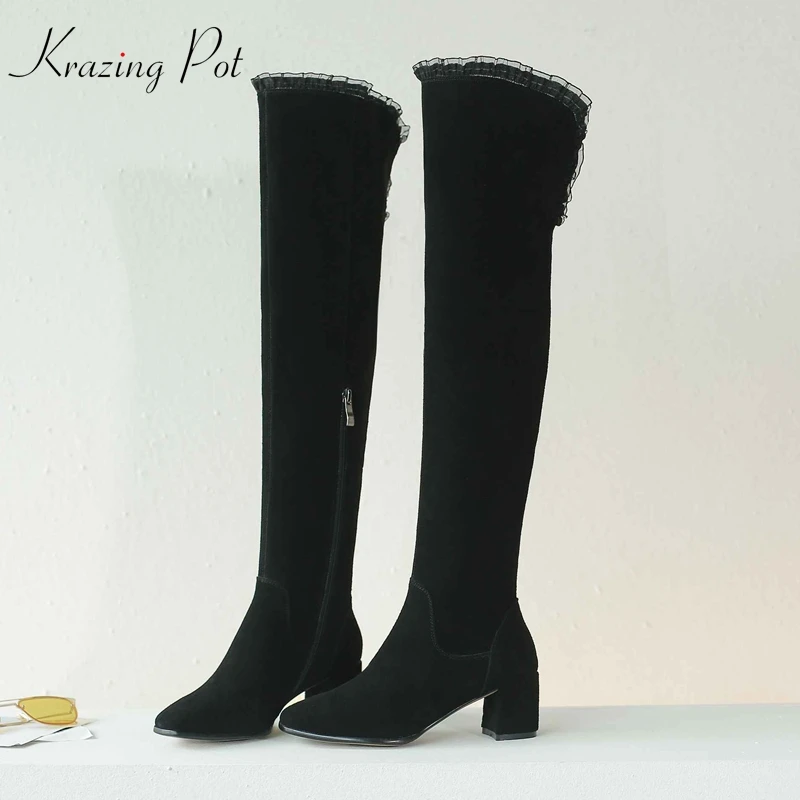 

Krazing Pot cow suede round toe high heels sexy nightclub ruffles lacework streetwear Princess stovepipe thigh high boots L86