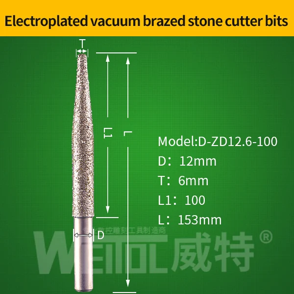 Weitol 10 мм гальванизированные алмазные наждачные каменные режущие биты конические Вакуумные Паяные Фрезы с ЧПУ режущее долото для гранита - Длина режущей кромки: D-ZD12.6-100