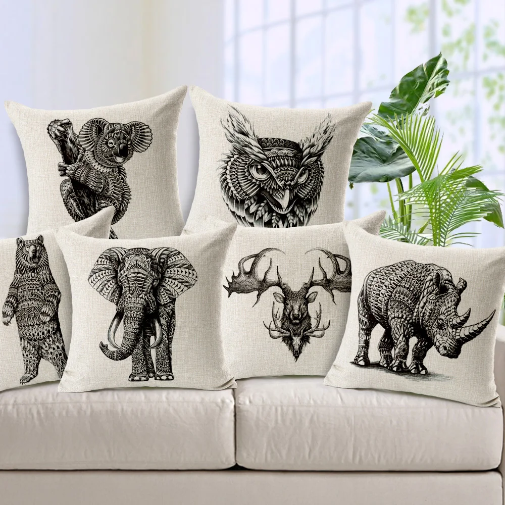 Cartoon Animal Printed Sofa Cushion Cover Deer Pattern Throw Pillow Cover Home 