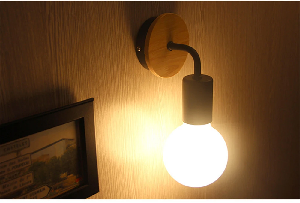 Винтажный простой железный светильник для столовой/бара в помещении E27, светодиодный настенный светильник в скандинавском стиле ретро с деревянным изгибом