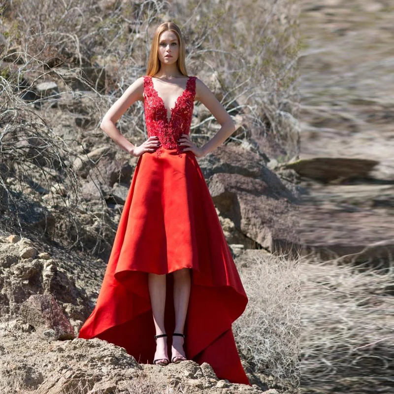 High Low Prom Dresses 2016 Red Sexy Deep V Neck Lace Bead Satin Gown Sleeveless Cheap Special Occasion Party Gowns | Свадьбы и