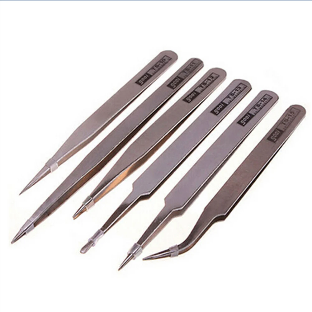 

one or 6Pcs Anti-static Stainless Steel Tweezers Maintenance Tools Industrial Precision Curved Straight Tweezers Repair Tools