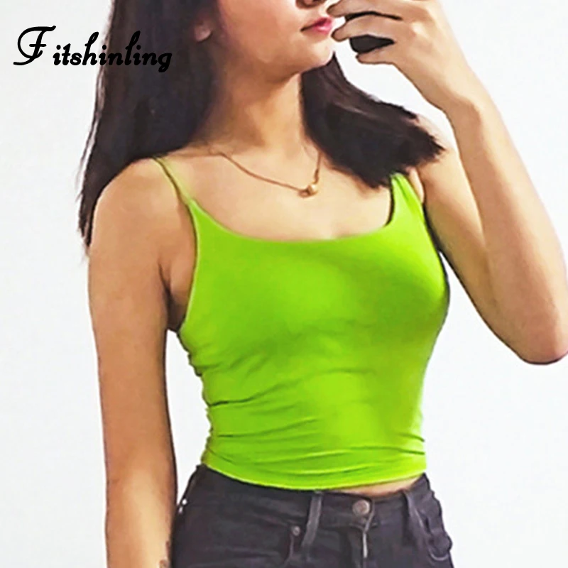 

Fitshinling Fluorescence neon green camis women clothes sexy hot tube top female spaghetti strap slim solid cropped camisole new