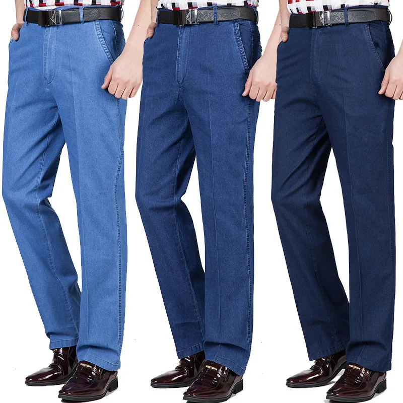 

Middle-aged Men's Jeans High Waist Large Size Casual Pants Straight Loose Stretch Denim Trousers Smart Casual Pants 2019 Spring