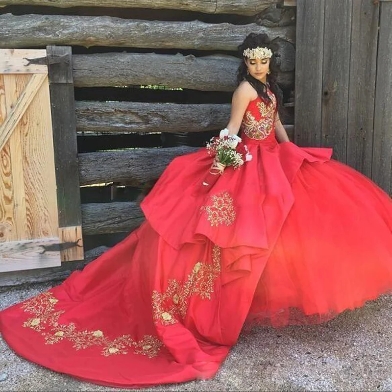 Роскошный Красный бальное платье без бретелек Quinceanera Золотые Аппликации асимметричный подол сладкий 15 платье на шнуровке платья для выпускного