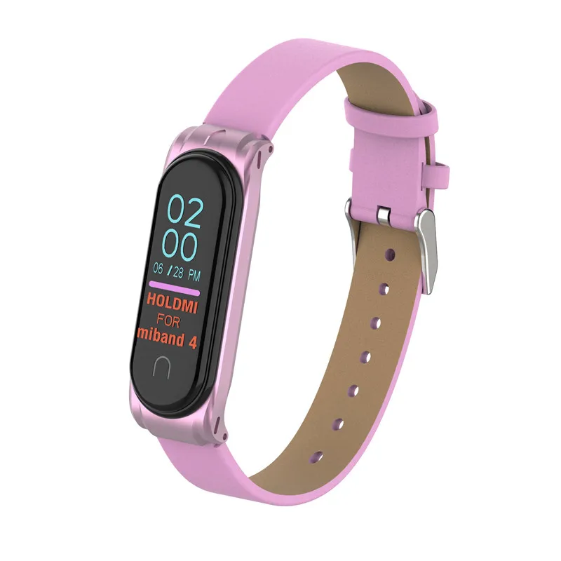 Colorful Leather Mi Band 4 3 Metal strap For xiaomi Mi Band 4 3 PU Stainless Bracelet MiBand 4 3 Wristbands Replacement straps - Цвет: pink