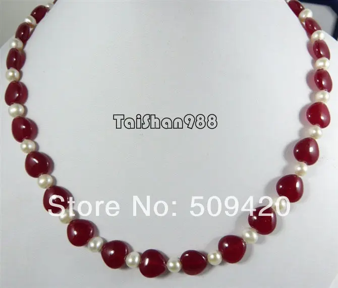 

~~ Free Shipping WholesaleWhite pearl red jade heart Silver clasp Necklace