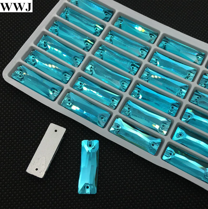 

7x21mm 24pcs Cosmic Baguette Sew On Glass Crystal Stones Lake Blue Color Rectangle Sewing Crystal Long Sewing Beads