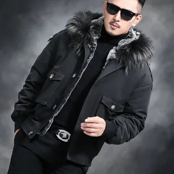 

2019 new rex ​​rabbit fur lining men's short jacket raccoon fur collar winter hooded warm men's fur coat