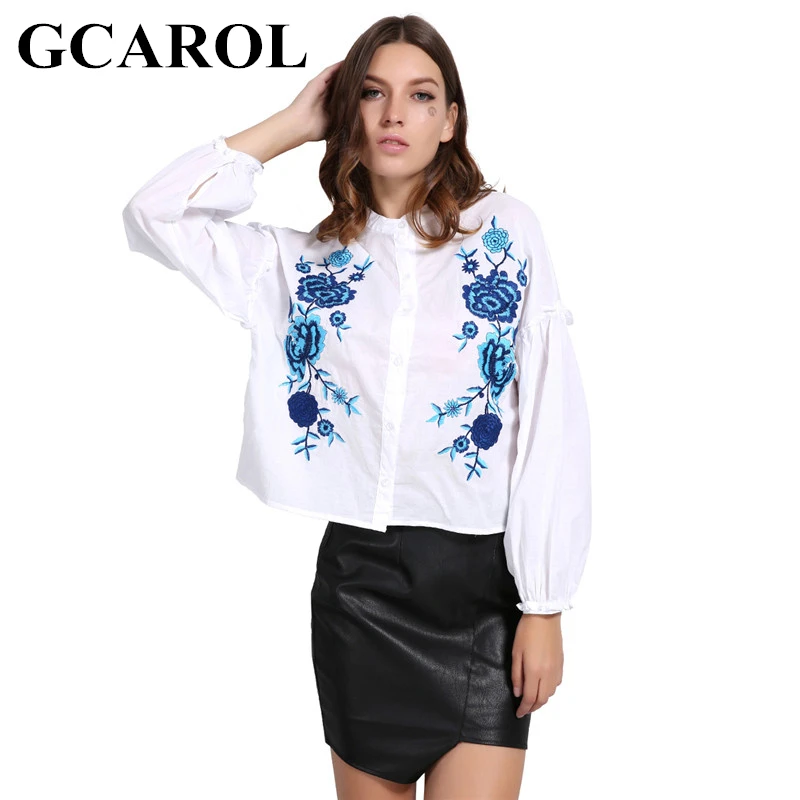 GCAROL Euro Style Blue Floral Embroidery Women Blouse Puff Sleeve Crop Tops High Quality Oversize Basic Shirt For 4 Season