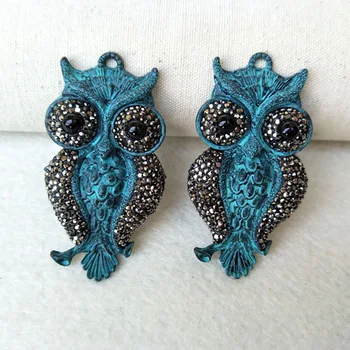 

5pcs Owl Carved Antique Bronze Charm Druzy,With Crystal Rhinestone Bead Pave Pendant, for DIY Necklace jewelry findings PD767
