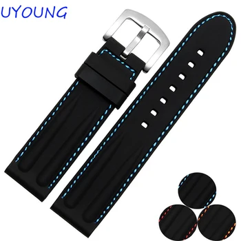 

Quality Silicone rubber Watchband 22mm 24mm With Red Blue Line For Mens watch Strap Waterproof Watch accessories