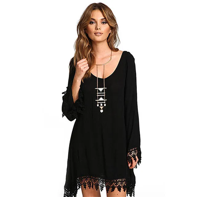 719 été En Mousseline De Soie Gland Noir Femmes Robe Chemise Courte Dentelle Crochet Robe De Plage Casual Tunique Creux Robe Plus La Taille S 4xl