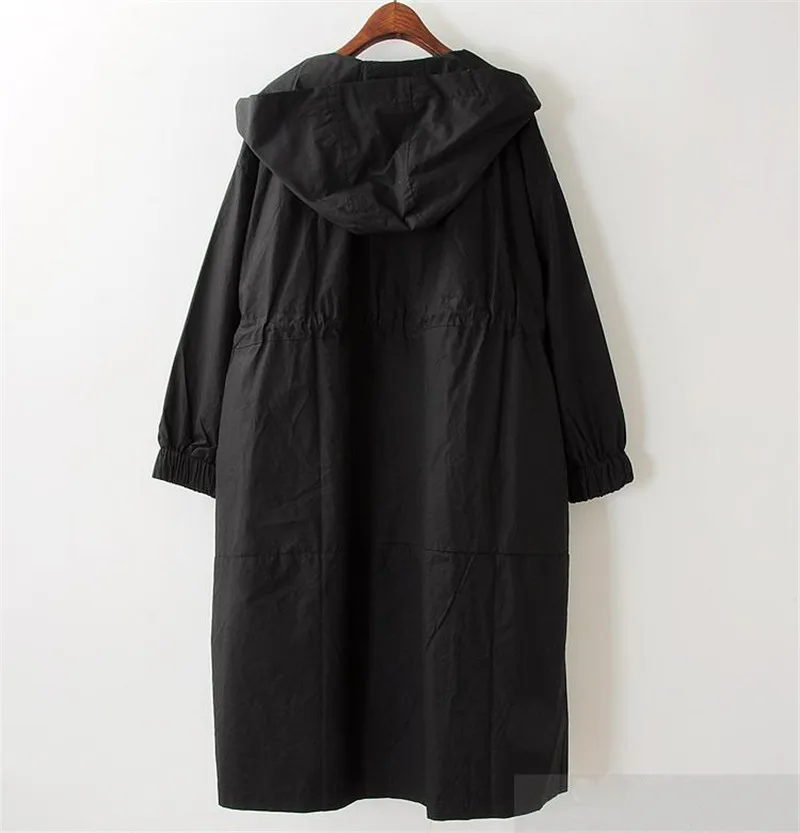 Новинка, весна-осень, длинный женский плащ, Повседневная ветровка с капюшоном, женское черное пальто, верхняя одежда, большие размеры 3XL 4XL R793