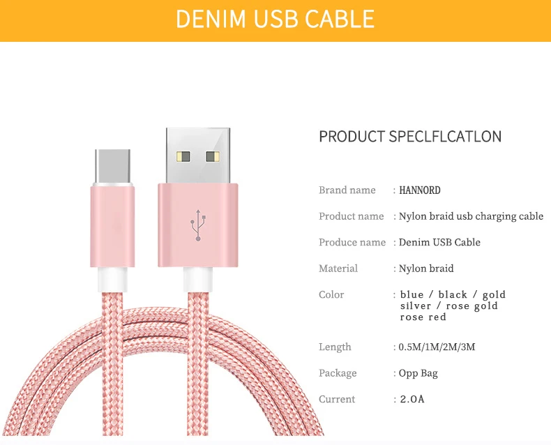 Кабель HANNORD USB C 2 А нейлоновый плетеный кабель для быстрой зарядки и передачи