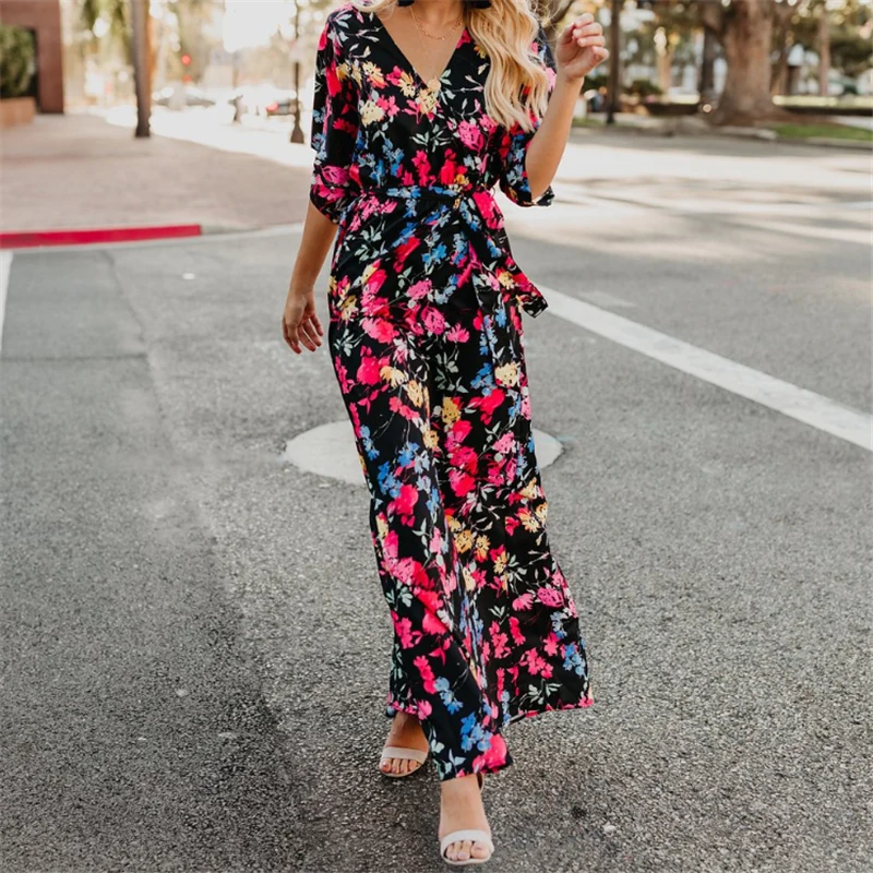 

Women's Summer Boho Floral Short Sleeve Long Maxi Dress Vintage Party Beach Casual V Neck Sundress Female Black Vestidos